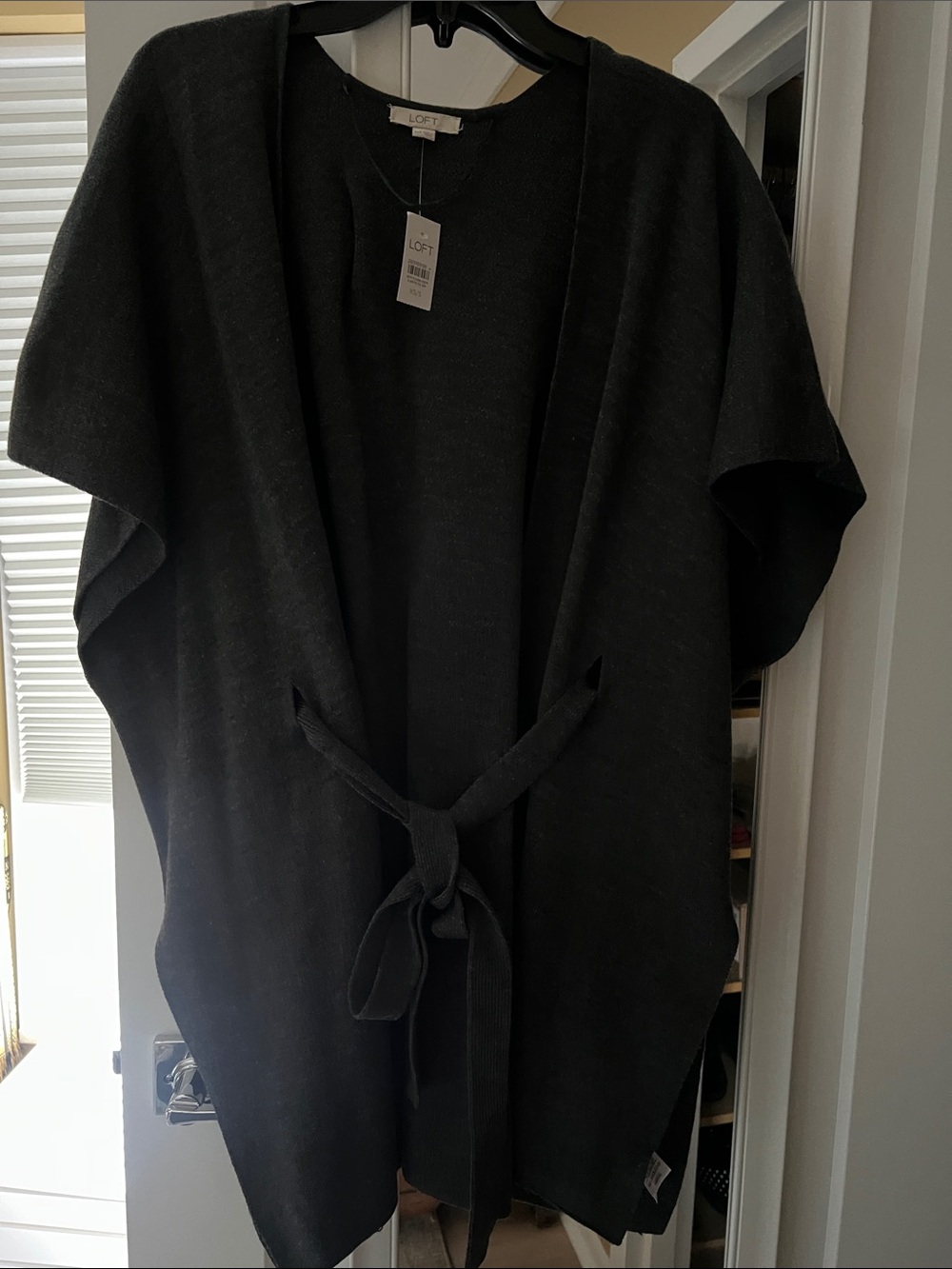 LOFT Black Open-Front Short-Sleeve Belted Cardigan